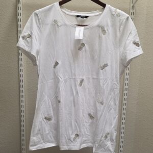 Banana Republic White Short-Sleeve Tee with Metallic Pineapple Motifs